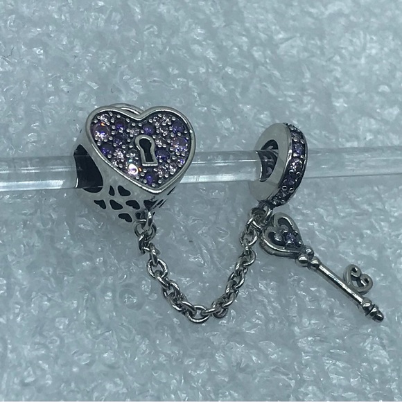 ❤️ Lock with Key , Purple Crystal CZ Charm Sterling Silver 925 #HP15-8 - Picture 3 of 5
